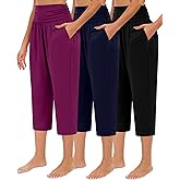 Neer 3 Pack Capri Pants for Women Casual Summer Lounge Yoga Pants Crop High Waist Loose Fit Sweatpants Pajamas with Pockets