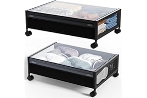 LEHOM Under Bed Storage Underbed Bins Under Bed Shoe Container with Wheels and Lid Heavy Duty Metal Under-Bed Drawer Rolling Storage for Bedroom Clothes, Bedding, Shoes, Blankets (2 Packs)