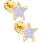 TAIGRAMA Gold Flat Back Stud Earrings for Women, 14K Gold Plated 316L Hypoallergenic Surgical Steel Earrings, Cute Small Star Heart Stud Earrings for Sensitive Ears, 18G Post Screw Back Trendy Jewelry Gifts