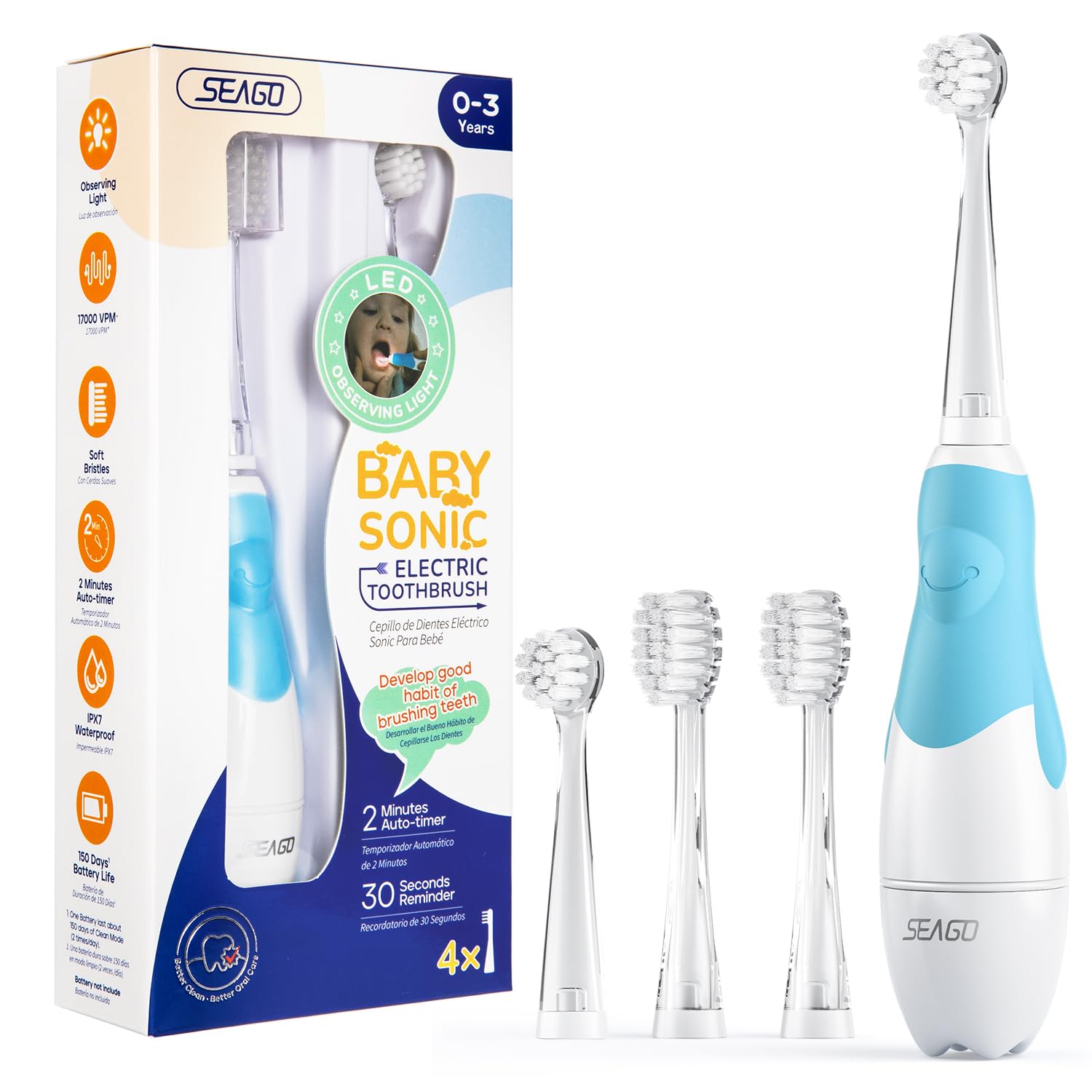 Toddler Electric Toothbrush for Ages 1-3 Years,Baby Electric Toothbrush with Smart LED Timer and Sonic Technology,4 Brush Heads(Blue)