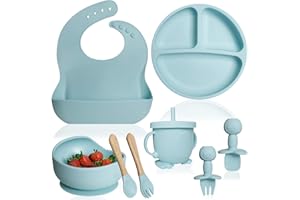 Bluet B- Silicone Baby Feeding Set - Baby Led Weaning Supplies - Baby Spoons, Suction Bowl - Plate - Baby Utensils Set - Silicone Feeding Set for Baby First Foods, Infant Eating - 8pcs - Light Blue
