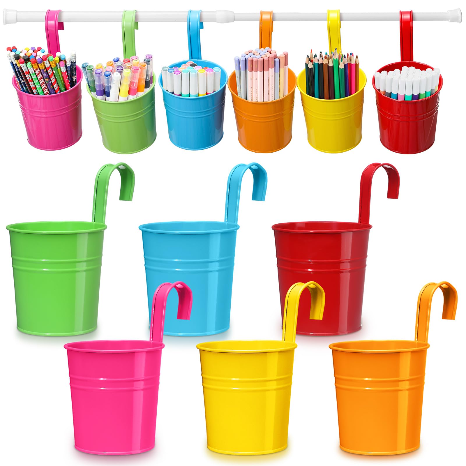 Photo 1 of Fullhawl 6 Pcs Pencil Holder Crayon Organizer for Classroom Metal Iron Wall Crayon Organizer Hanging Art Storage Buckets with Retractable Pole Bucket Planter for Classroom Back to School Supplies