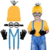 BUUFAN 4Pcs Halloween Costume Accessories Kids Steampunk Goggles Glasses Blue Y-Back Suspenders Yellow Beanie Hats Black Gloves Perfect for Birthday Party and Halloween Cosplay Party