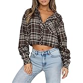 Lacozy Cropped Flannel Shirt for Women Button Down Plaid Cropped Shirt Casual Long Sleeve Crop Blouses Spring Fashion