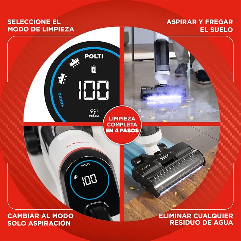 Rollysteam WD50C Esfregão de chão sem fios com função de vapor e sucção, 450 W, limpeza completa numa única passagem, autolimpante, branco
