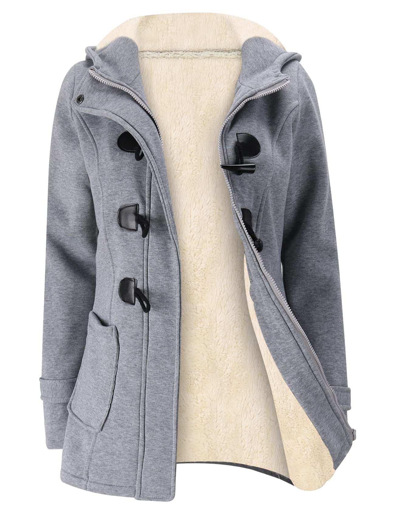 Photo 1 of Gihuo Winter Jackets for Women Sherpa Lined Jacket Women Duffle Toggle Coat Hooded Fleece Jacket (Light Grey - M)