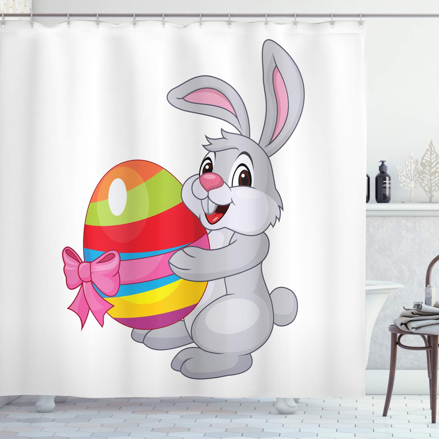 ABAKUHAUS Easter Shower Curtain, Cartoon Rabbit Holding a Colorful Striped Egg with a Ribbon Easter Animal Fun, Cloth Fabric Bathroom Decor Set with Hooks, 86 Inches Extra Long, Multicolor