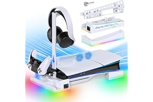 AUARTE RGB Horizontal Cooling Station Stand for PS5 Slim /Pro Console with 2 Controller Charger, Auto Silent Cooling Fan for Playstation 5 Slim /Pro Disc &Digital with 14 Light Modes and Headset Holder