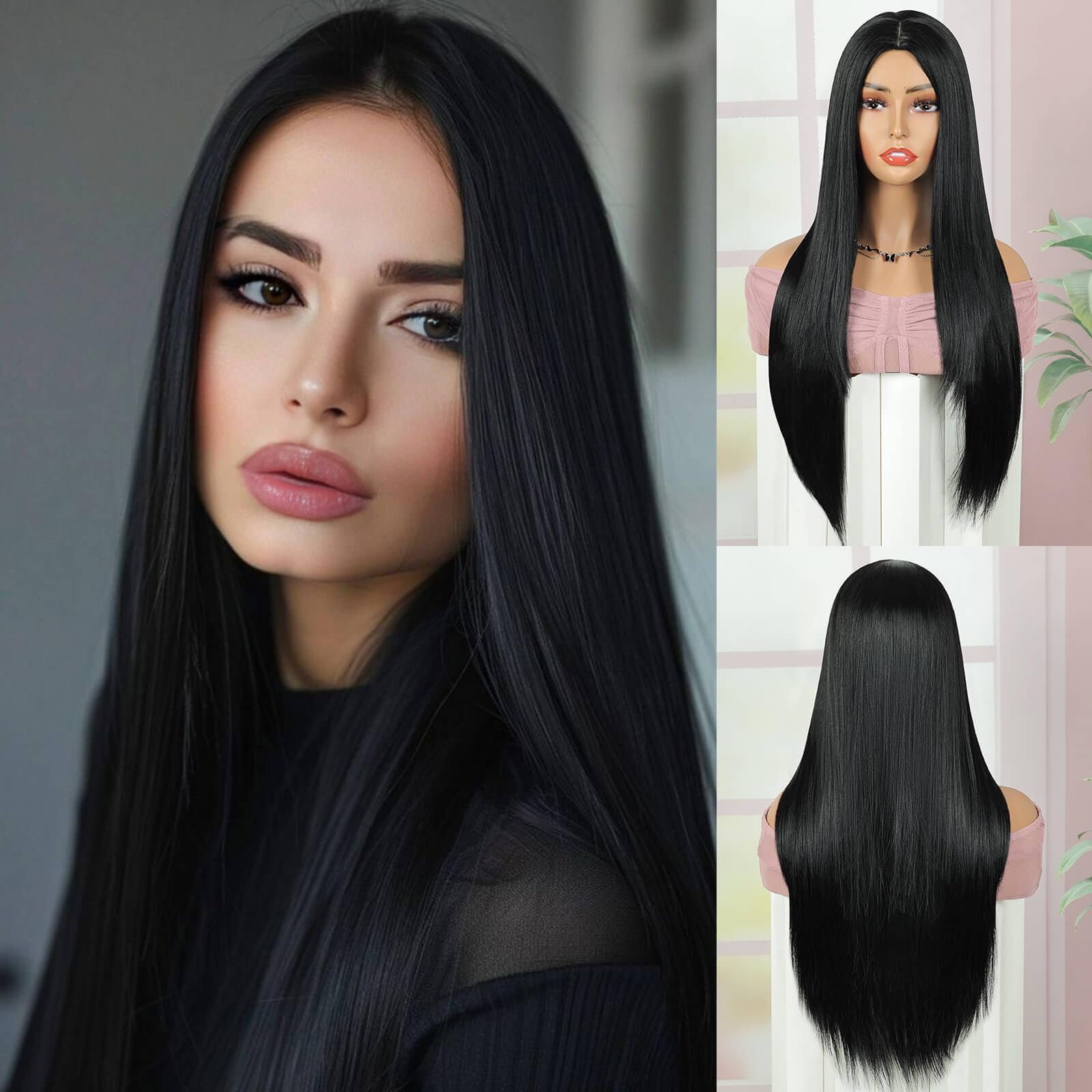 QUEENTAS Long Black Wigs for Women Straight Synthetic U Part Wig Ladies Womens Wigs for Party Cosplay Halloween Costume (Black)