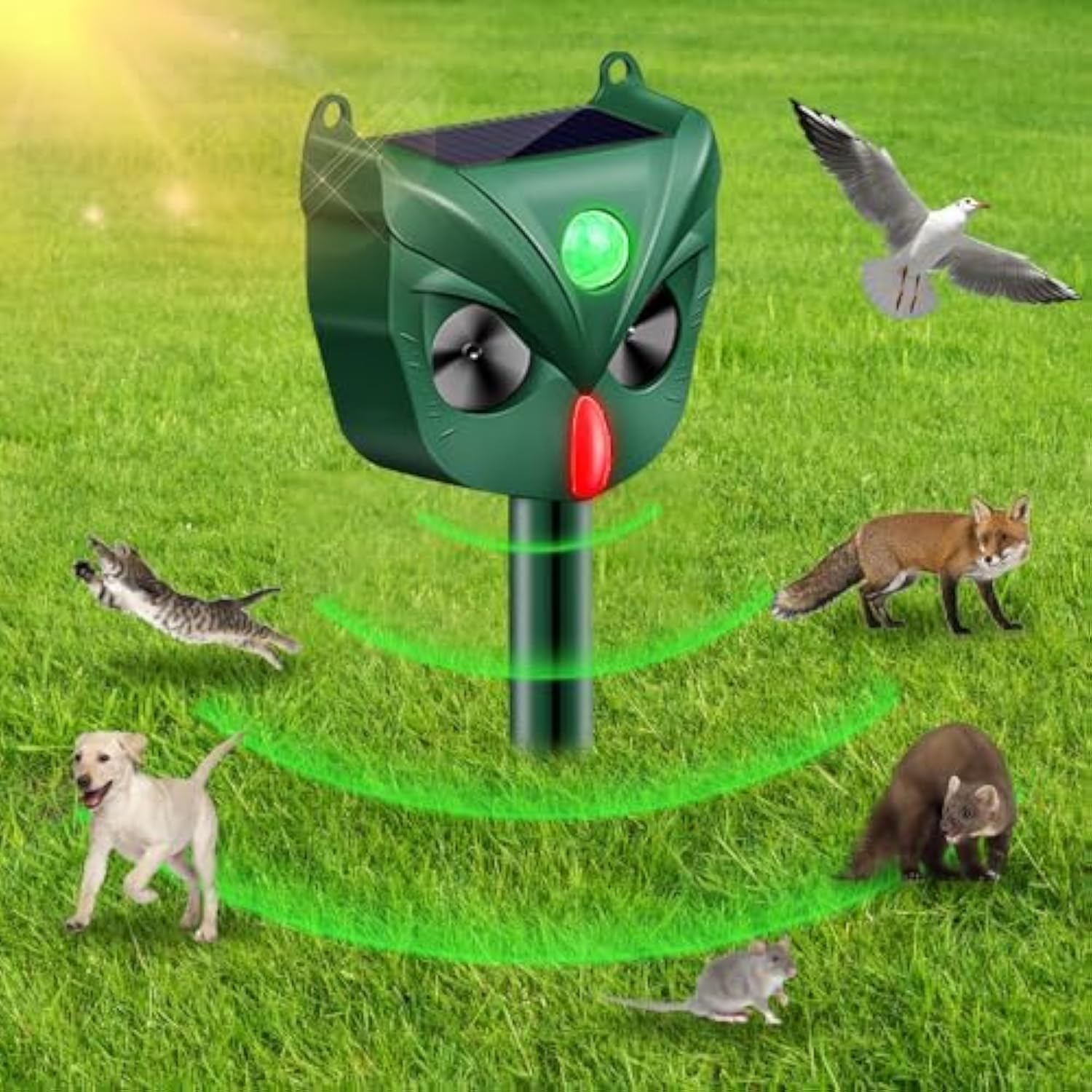 IXYHKB Cat Repellent Ultrasonic,Solar Animal Repeller,Cat Deterrent for Garden,Waterproof,5 Modes Ultrasonic Dog Bird Pigeon Squirrel Foxes Scarer Repellent for Outdoor Gardens Yard Field Farm