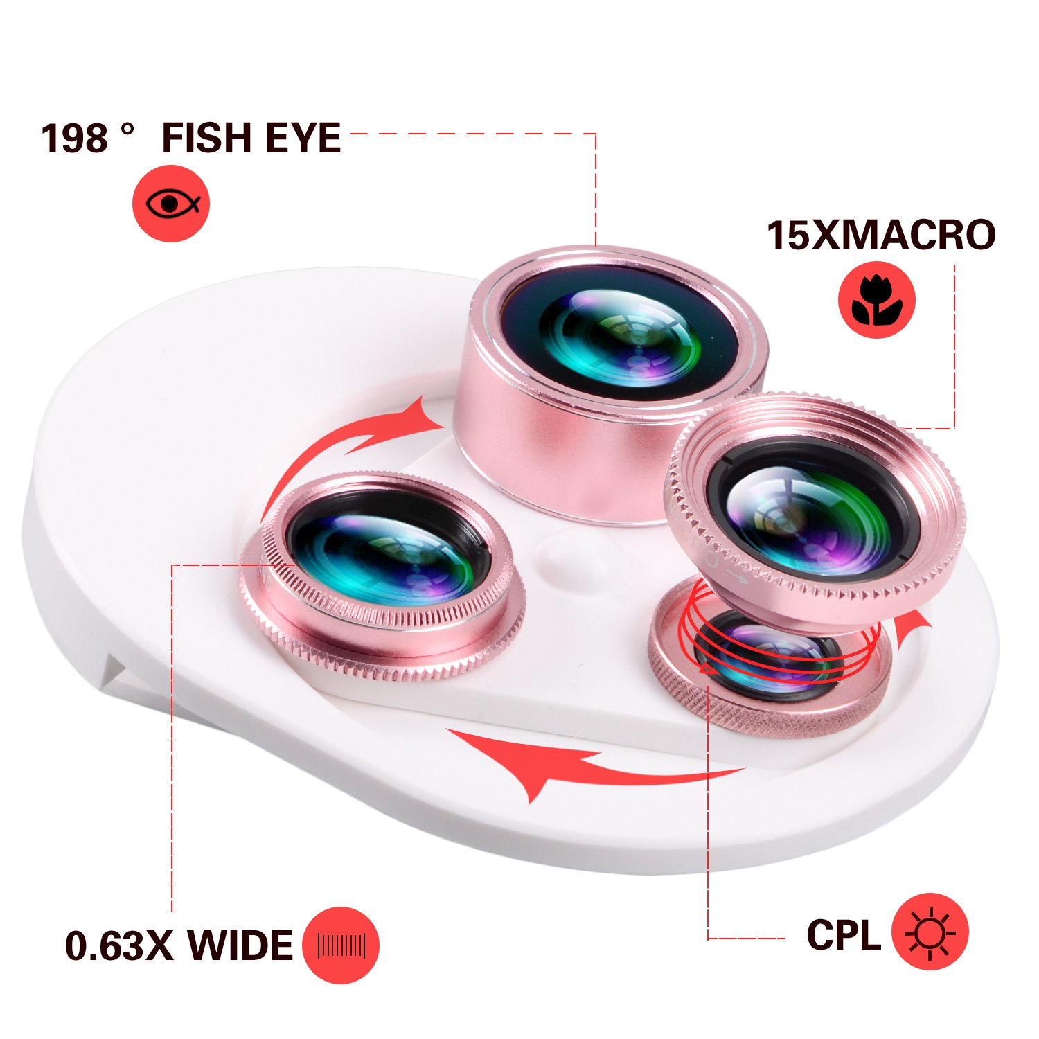 Cell Phone Camera Lens, YELIN 4 in 1 Phone Camera Lens, 198°Fisheye Lens 15X Macro Lens 0.63X Wide Angle Lens CPL Lens Universal Clip-on Camera Lens Kit for iPhone Samsung etc. (Pink & White)