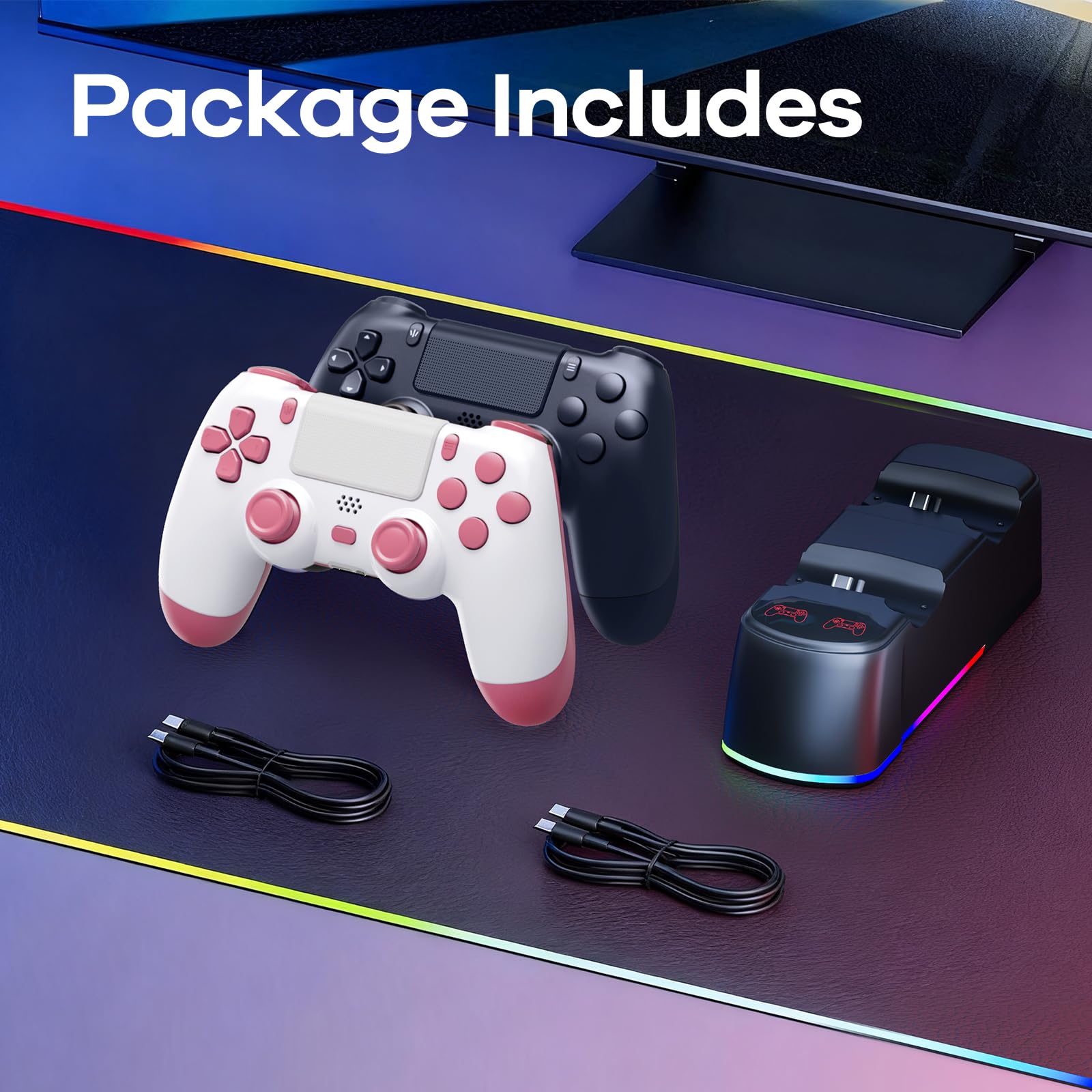 AROEVEIB 2 Pack Controller with Charger Dock for PS4 Wireless Game Controller, with LED Charging Dock Station, 2 USB Cable