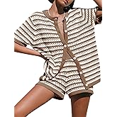 Saodimallsu Womens Summer Crochet Short Sets Striped Knit Short Sleeve Button Shirts 2 Piece Beach Cover Up Outfits Brown