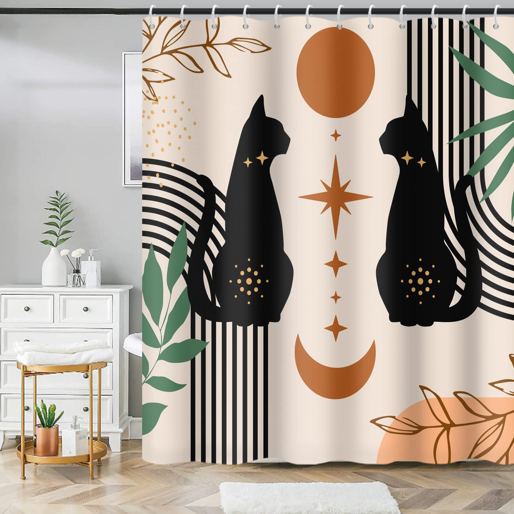 MIRRORANG Cute Black Cat Shower Curtain, Mid Century Modern Shower Curtain Set with 12 Hooks, Abstract Boho Plant Bath Curtains Durable Fabric Machine Washable 71 x 71inch, Brown, 180x180 — image 1