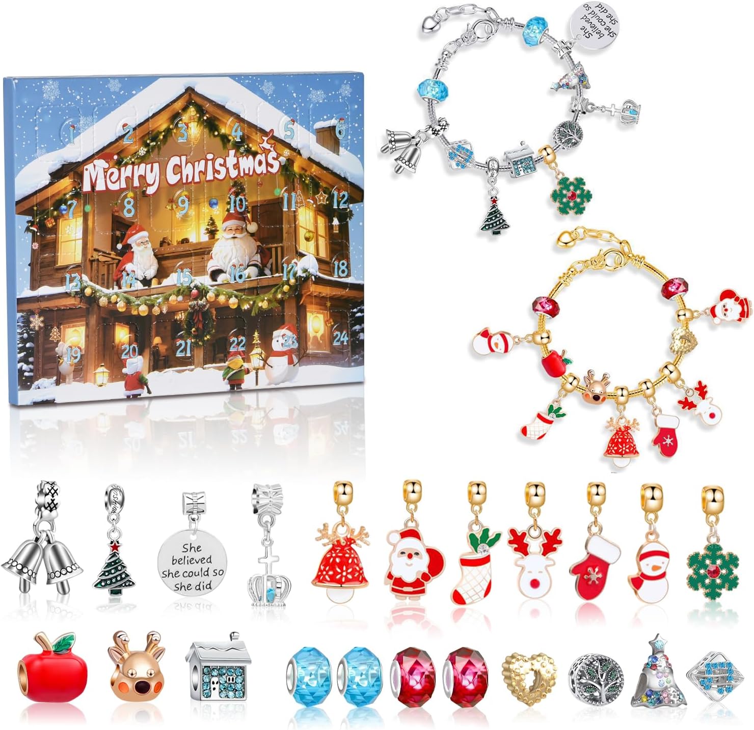Advent Calendars - 24 Days DIY Christmas Charm Bracelet Gifts, Girls Bracelet Making Kit, Christmas Advent Calendar 2023,Comes with 2 Bracelet Making Kits and 24 DIY Accessories-Blue