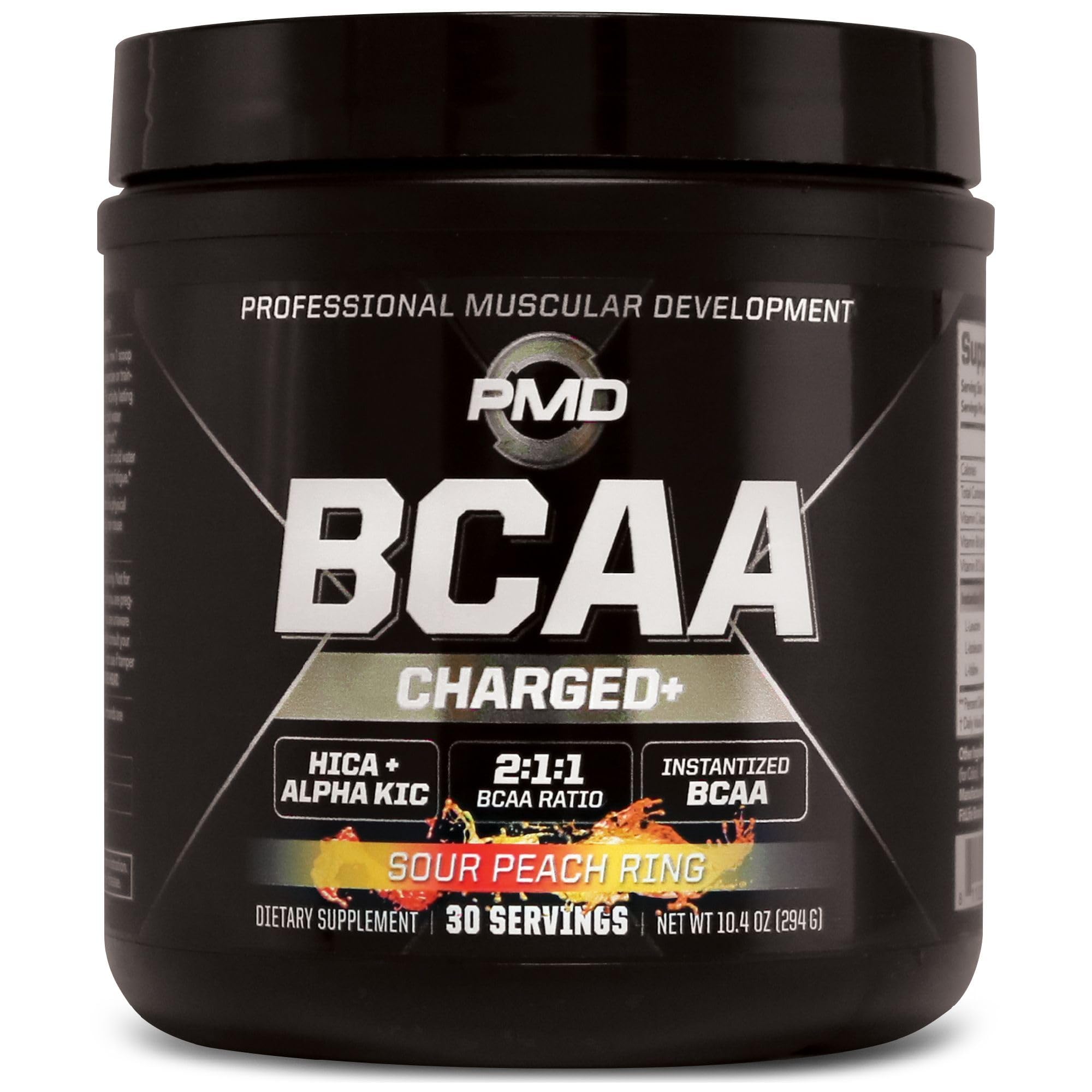 PMD Sports BCAA Charged Delicious Amino Acid Drink Mix for Performance and Recovery - Increase Muscle Function for Workout and Daily Energy - Sour Peach Ring (30 Servings)
