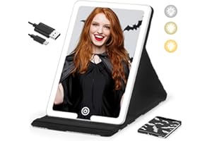 SUUPVAOR Halloween Travel Makeup Mirror with Lights, LED Lighted Vanity Cosmetic Mirror with PU Leather Case Rechargeable 1500mAh Battery 3-Color Light Modes Dimming Light Up Mirror 8X 5.5inch with Bats Print