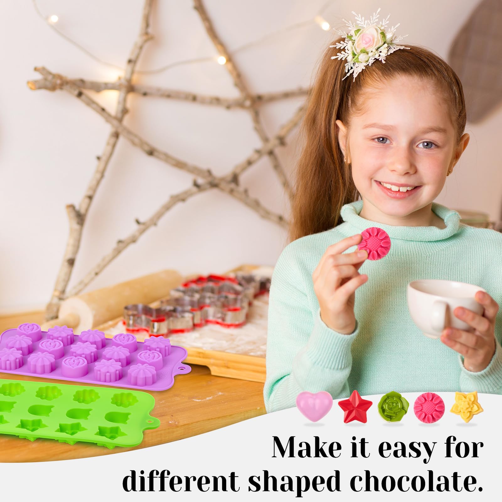 6 Pcs Flower Silicone Chocolate Molds Set, 15-Cavity Rose Heart Star Candy Mold Different Shapes Silicone Molds for Chocolate, Candy, Ice Cube, Butter, Jello