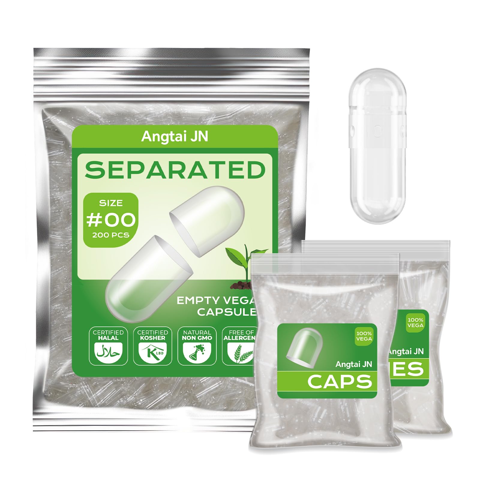 Angtai JN Size 00 Separate Empty Vegetable Capsules, 200 Units, Including Capsule Body and Capsule Cap, Compatible with 00 Capsule Filling Machine