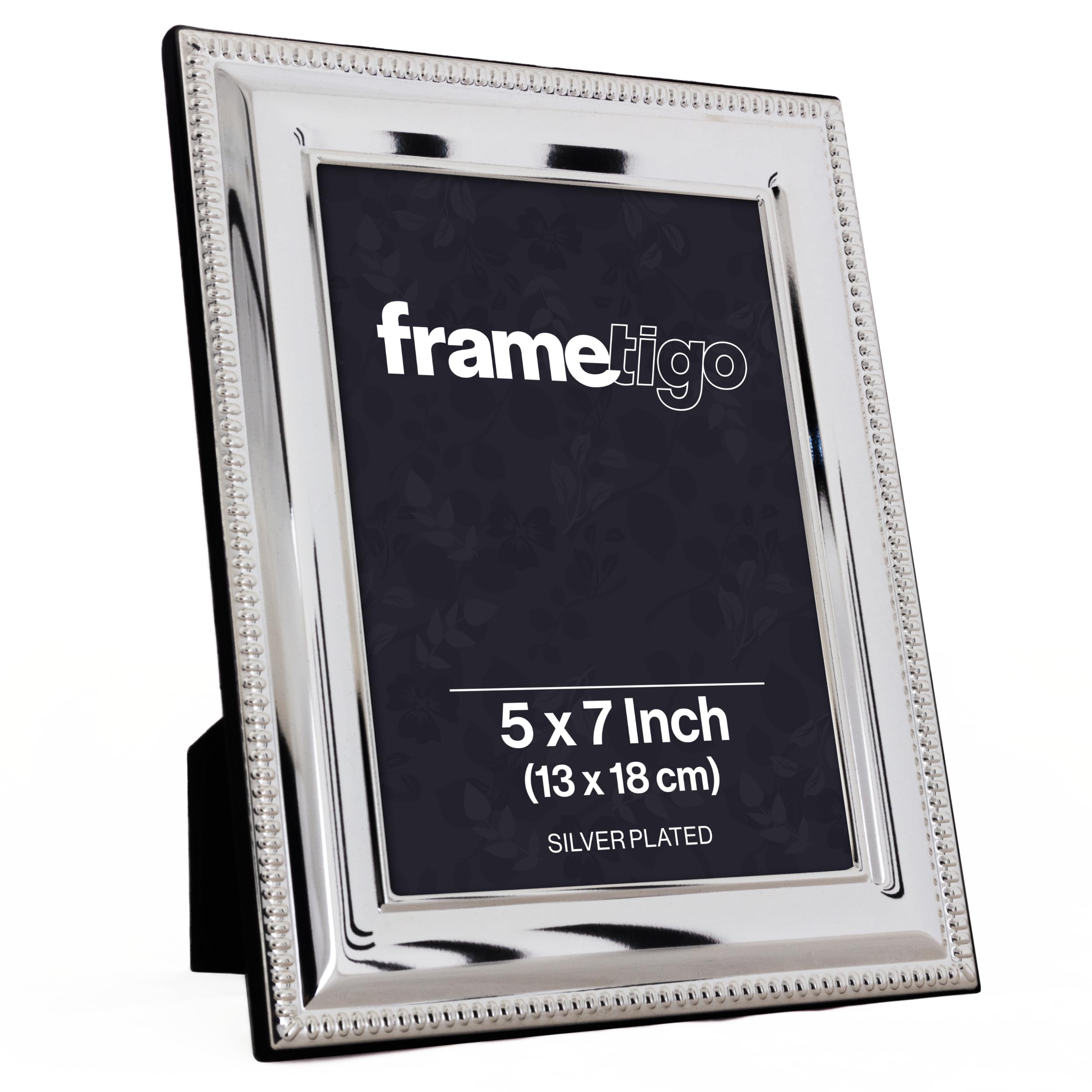Frametigo - Silver Plated Bead Photo Frame, 5"x7" (13x18cm) Photo Size - Velvet Frame Backing & Stand - Real Glass Window - Tarnish Resistant - Landscape or Portrait Orientation