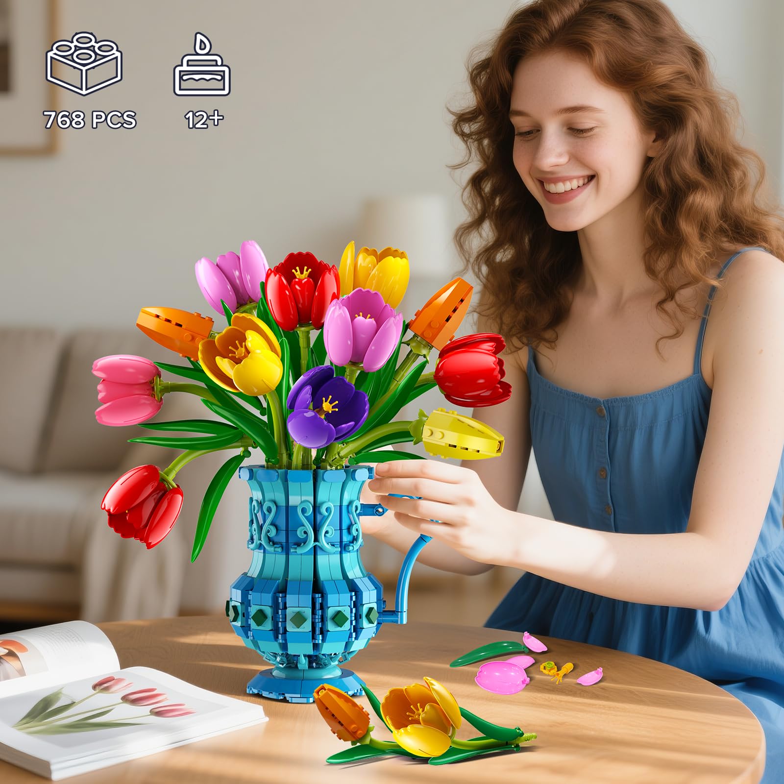 CUBIMANA Blumenstrauß Bausatz mit Vase, 768 Teile Tulpen Blumen Set für Erwachsene, Künstliche Botanicals Bonsai Bausteine für Home Deko, Valentinstag Geburtstag Geschenk für Frauen Mutter Mädchen 12+ 3