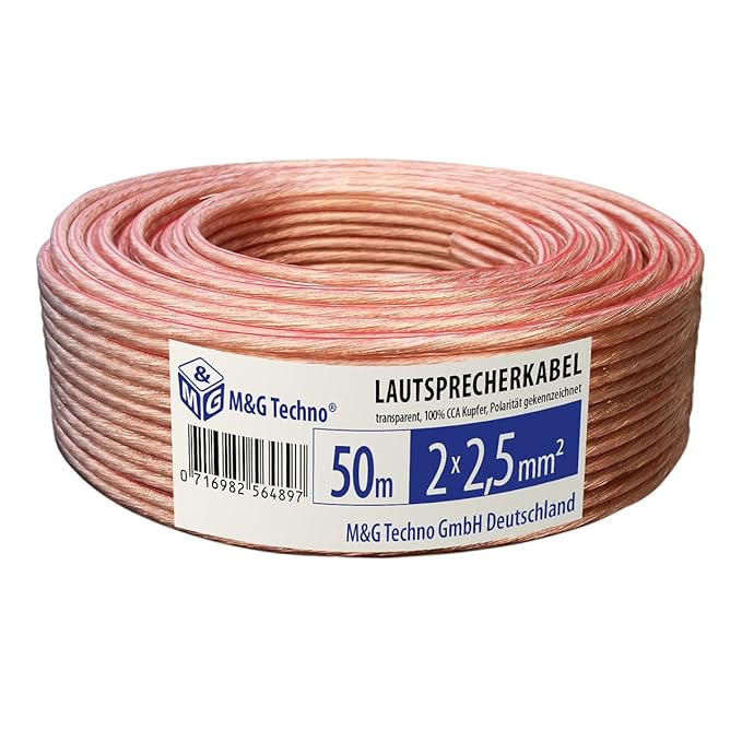 M&G Techno® Germany 50m 2x2,5mm² CCA LAUTSPRECHERKABEL mit Polaritätskennzeichnung