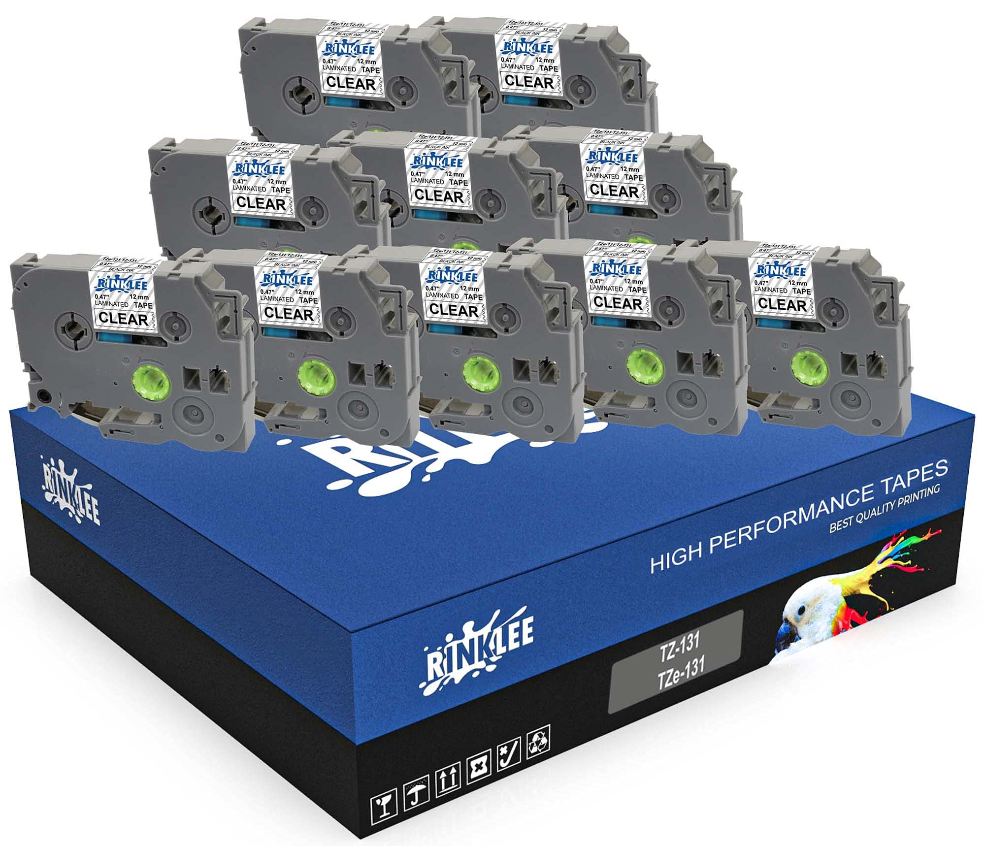 RINKLEE TZe-131 TZ-131 Black on Clear Label Tape Compatible with Brother P-Touch PT-1000 1005 1010 H101C H105 H110 H101GB H300 D210VP D400VP D450VP D600VP D210 P700 P750W Cube | 12 mm x 8 m | 10-Pack