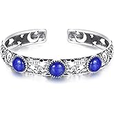 QKABTI Lapis Lazuli Bracelet for Women, Sterling Silver Open Adjustable Cuff Bangle with Star and Moon Design, Birthstone Jewelry Gift