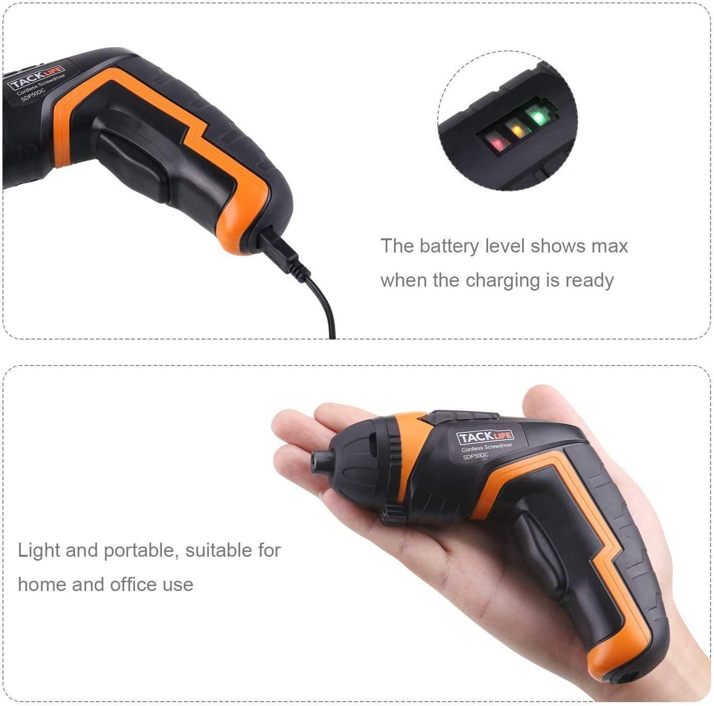 TACKLIFE Electric Screwdriver, 3.6V MAX Cordless Screwdriver, 2.0Ah Li-ion with Battery Indicator, 31 Free Accessories, USB Rechargeable, Lightweight and Easy for Small Home Projects-SDP50DC: Home Improvement
