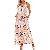 Supnier Women's Summer Maxi Dress Casual V-Neck Sleeveless Bohemian Spaghetti Strap Floral Long Maxi Dress with Pockets