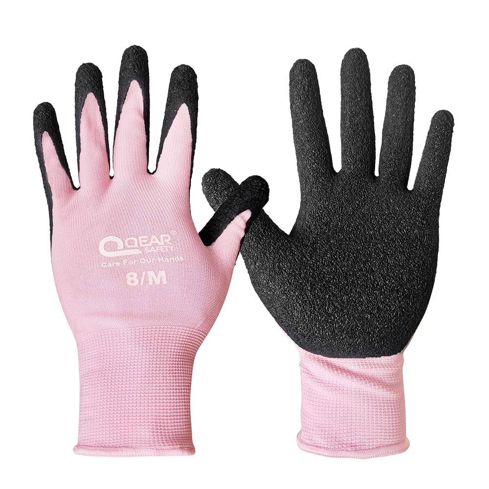 QEARSAFETY 3 Pairs Lady Gardening Gloves, Pink, Latex Rubber Palm Coated, Abrasion, Grip, Fit to Hand, Dexterity, Muti-Function, Home General Work, Women (Medium)