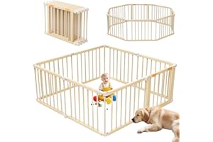 Baby Playpen, Wooden Playpen For Babies and Toddlers, Foldable Play Yard with Gate, 8 Panels Baby Fence, Indoor Play Area, Ch