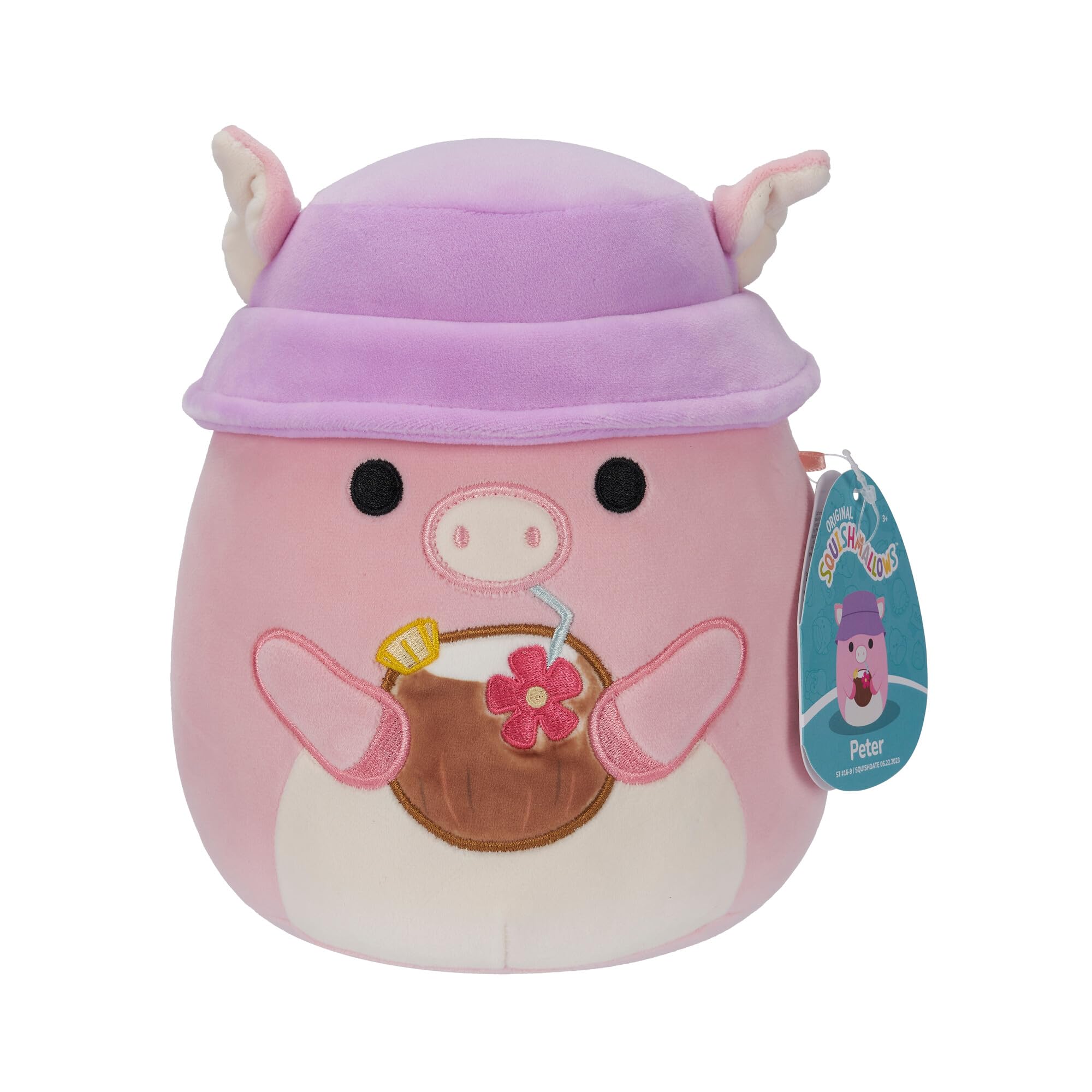 Squishmallows Original 7.5-Inch - Peter the Pink Pig with Tropical Drink and Bucket Hat