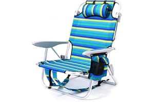 Canpsky Portable Beach Chair for Adults, Outdoor Lightweight Camping Chair Lay Flat Folding Backpack Beach Reclining Chair with 4 Positions, Headrest, Cooler Pouch, Cup Holder, New Striped