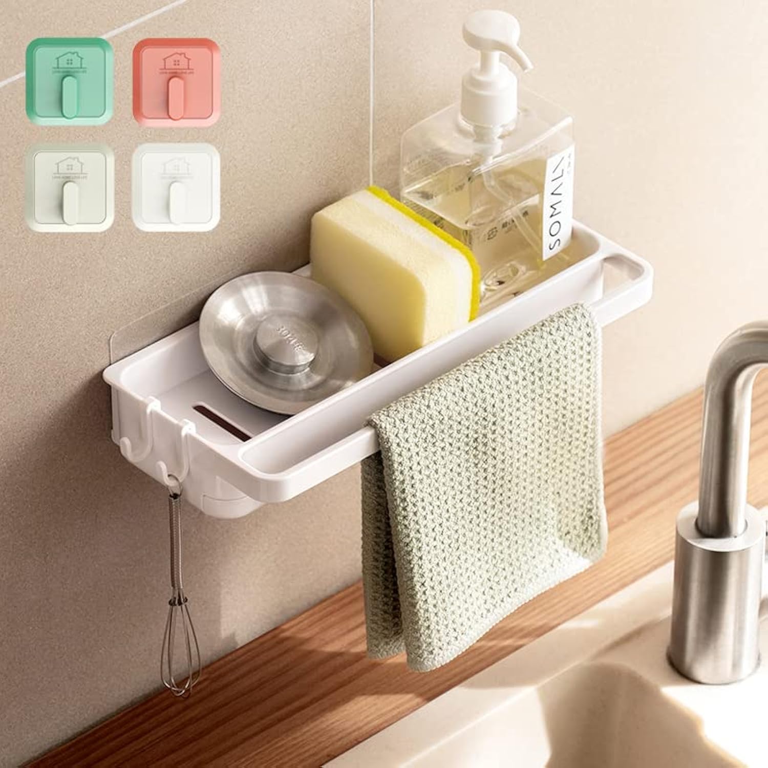 Asonen White Sponge Holder with 4 Hooks for Sink Organizer Hanging No Drilling, Caddy Wall Kitchen Organizer Rack with Drip Tray Storage
