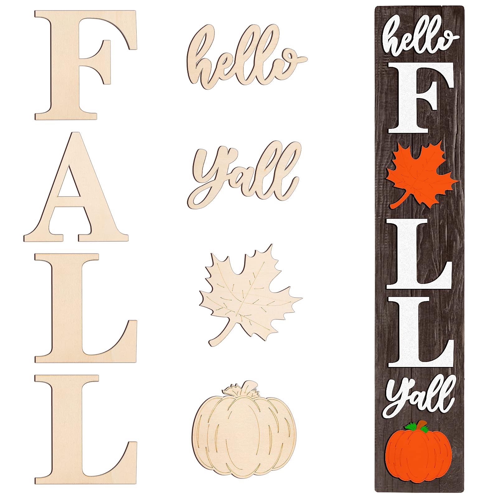 Photo 1 of PARBEE Hello Fall Y'all Wood Letters 8 Inch Fall Porch Sign Large Letter Unfinished Cutouts Wooden Decoration for Fall Thanksgiving Farmhouse Decorative Wood Sign