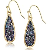 Teardrop Dangle Earrings for Women with Simulated Druzy Stones, in Gold, Rose Gold, or Silver Tone