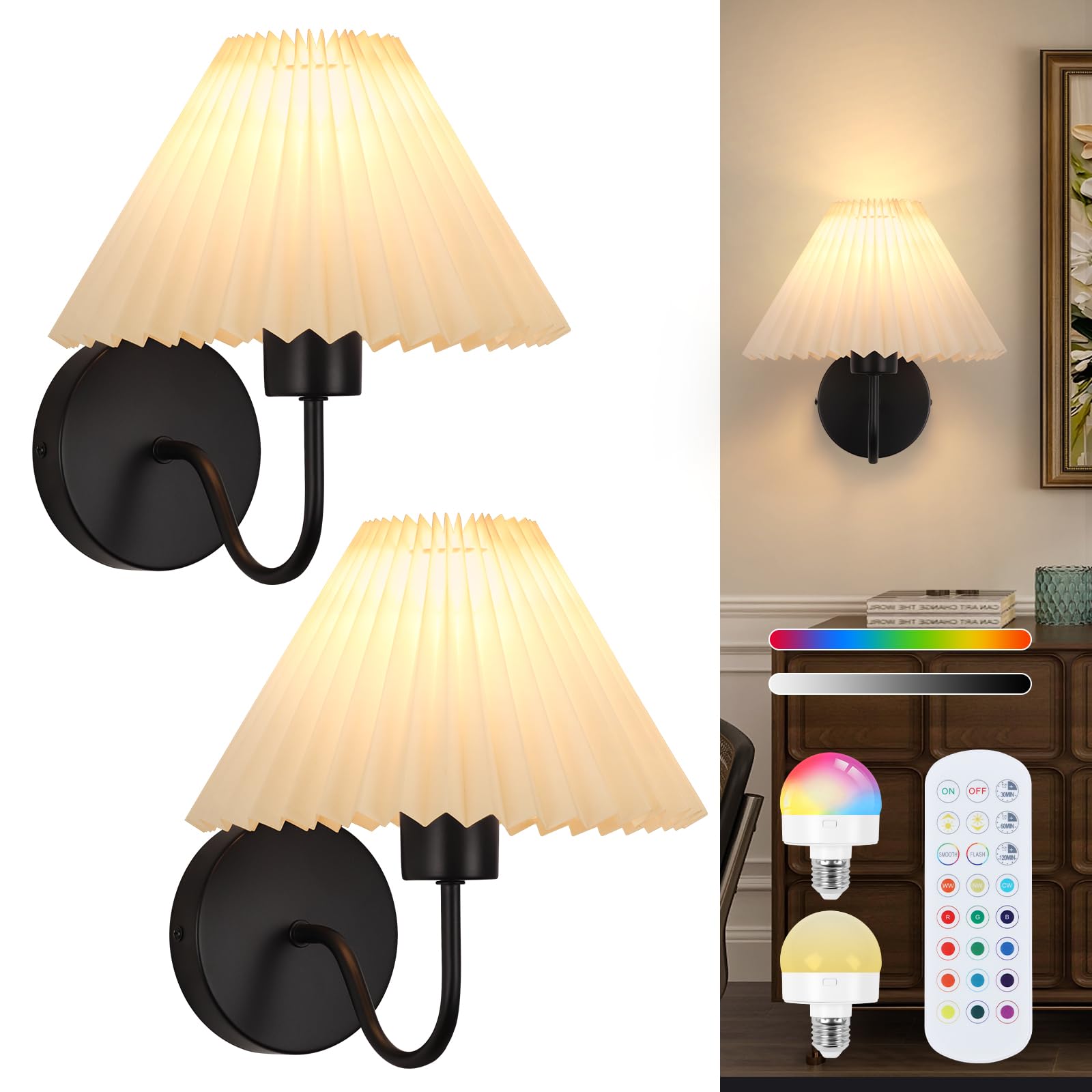 Photo 1 of ADISUN Wall Sconces Sets of 2 RGB Battery Operated Wall Sconces for Bedroom Dresser Classic Black Wall Lamp with Remote for Living Room Bathroom Dining Room Corridor Staircase (2 Bulbs Included)