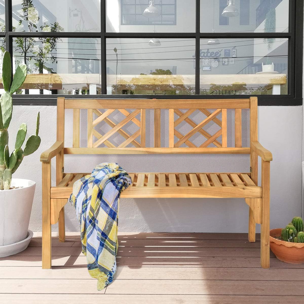 Giantex Patio Wooden Bench, 4 Ft Foldable Acacia Garden Bench, Two Person Loveseat Chair Solid with Curved Backrest and Armrest Ideal for Patio, Porch or Balcony (Teak): Kitchen & Dining