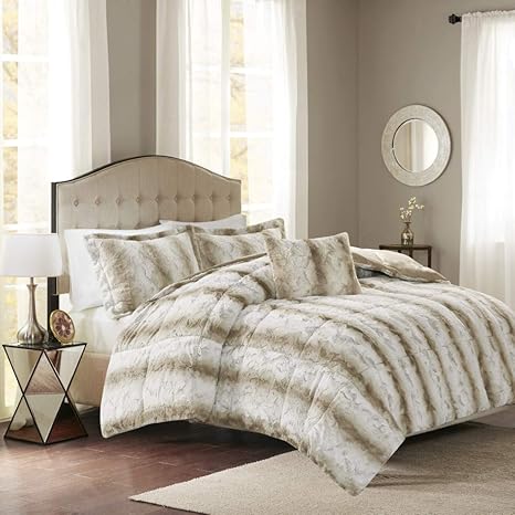 Amazon Com Ca 4 Piece Taupe White Sand Faux Fur Comforter Full
