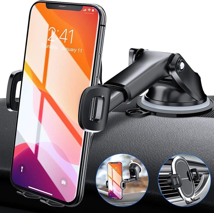 Amwanan Car Phone Mount, Hands-Free Cell Phone Holder for Dashboard, Windshield and Air Vent with Suction Pad Compatible with iPhone, Samsung, LG, Google and Other Smartphones