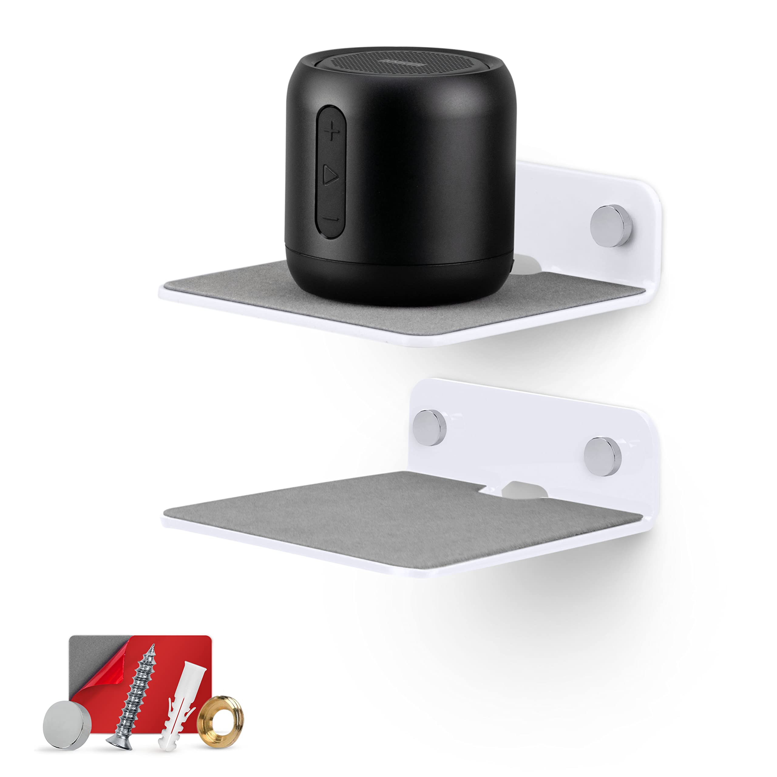Photo 1 of BRAINWAVZ 2-Pack 4” Small Floating Shelf Bluetooth Speaker Stand, Adhesive & Screw Wall Mount, Anti Slip, for Cameras, Baby Monitors, Webcam, Router & More, Universal Holder (SHELF11 White)