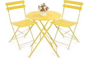 Kromax Outdoor 3 Piece Patio Bistro Set, Folding Bistro Table and Chairs Set of 2, Space Saving, Foldable Coffee Tables for Balcony or Garden, Yellow