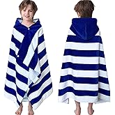 VOOVA & MOVAS Kids Beach Towel Wrap with Hood (3-8 Years, 30''x50'') - 100% Cotton Soft Absorbent Towel for Boys, Pool, Bath, Swimming & Beach - Blue Cabana Stripe Design