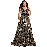 BluePlum Plus Size Formal Dresses for Women with Embroidery Sequin and V-Neck, A-Line Maxi Dress for Wedding and Cocktail