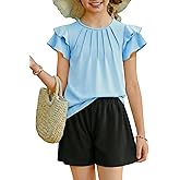Arshiner Girls 2 Piece Outfits Summer Ruffle Sleeve Top and Paperbag Waist Shorts Set with Pockets Size 5-13 Years