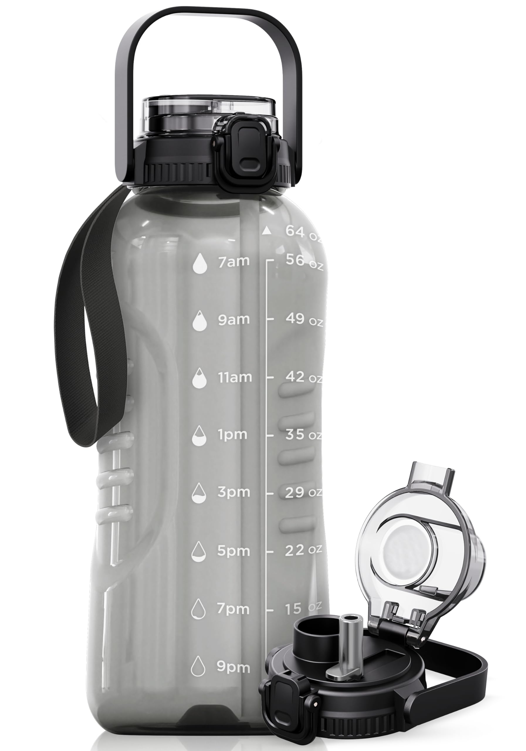 View 1 of AQUAFIT 64 oz Water Bottle with Time Marker - 2in1 Straw & Chug Lid - BPA Free Big Water Bottle with Straw - Gym Water Bottle with Strap - Water Jug (64 Ounces, Gray)