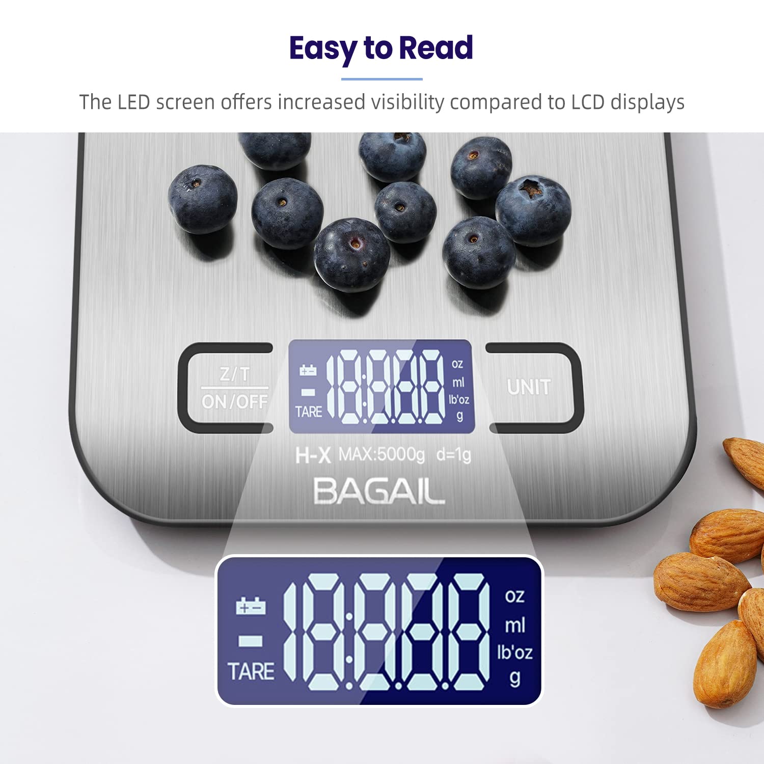 BAGAIL BASICS Digital Kitchen Scale, Premium Stainless Steel Food Scales Weight Grams and Oz for Baking and Cooking, 11lb/5kg with 0.1oz/1g Precision