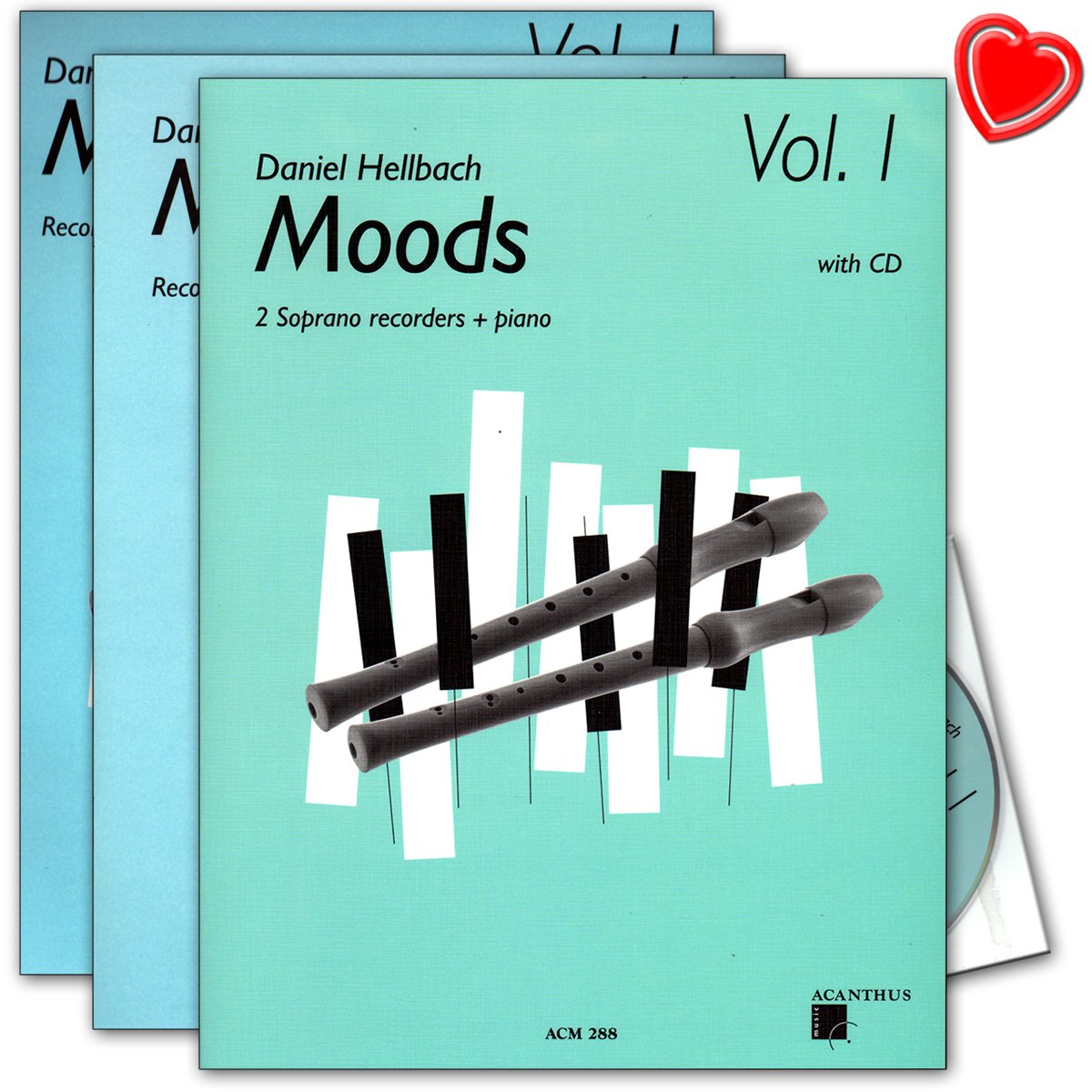 Moods Ruban 1–10 mittelschwere poppig de rockige morceaux pour 2 flûtes à bec soprano et Piano de Daniel clair BACH – Note livre avec CD et cœur coloré Note Pince