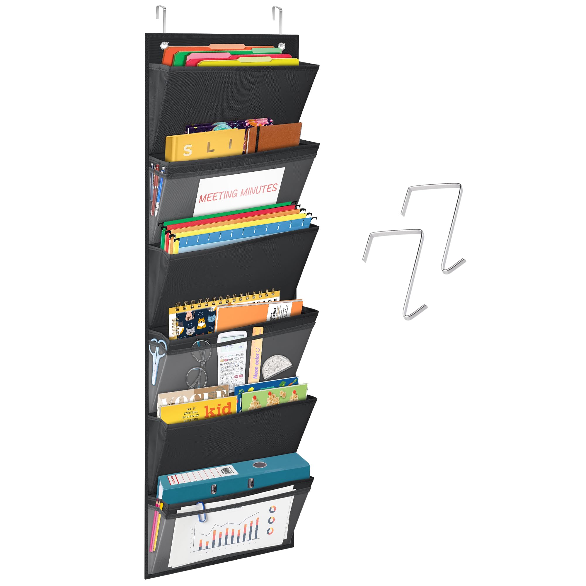 Godery Over the Door hanging File Folders Organizer, Fabric Office Supplies Storage Organizer, Wall Mount Pocket Chart Storage for School ,Classroom, Home, Closet , 6 Pockets (Black)